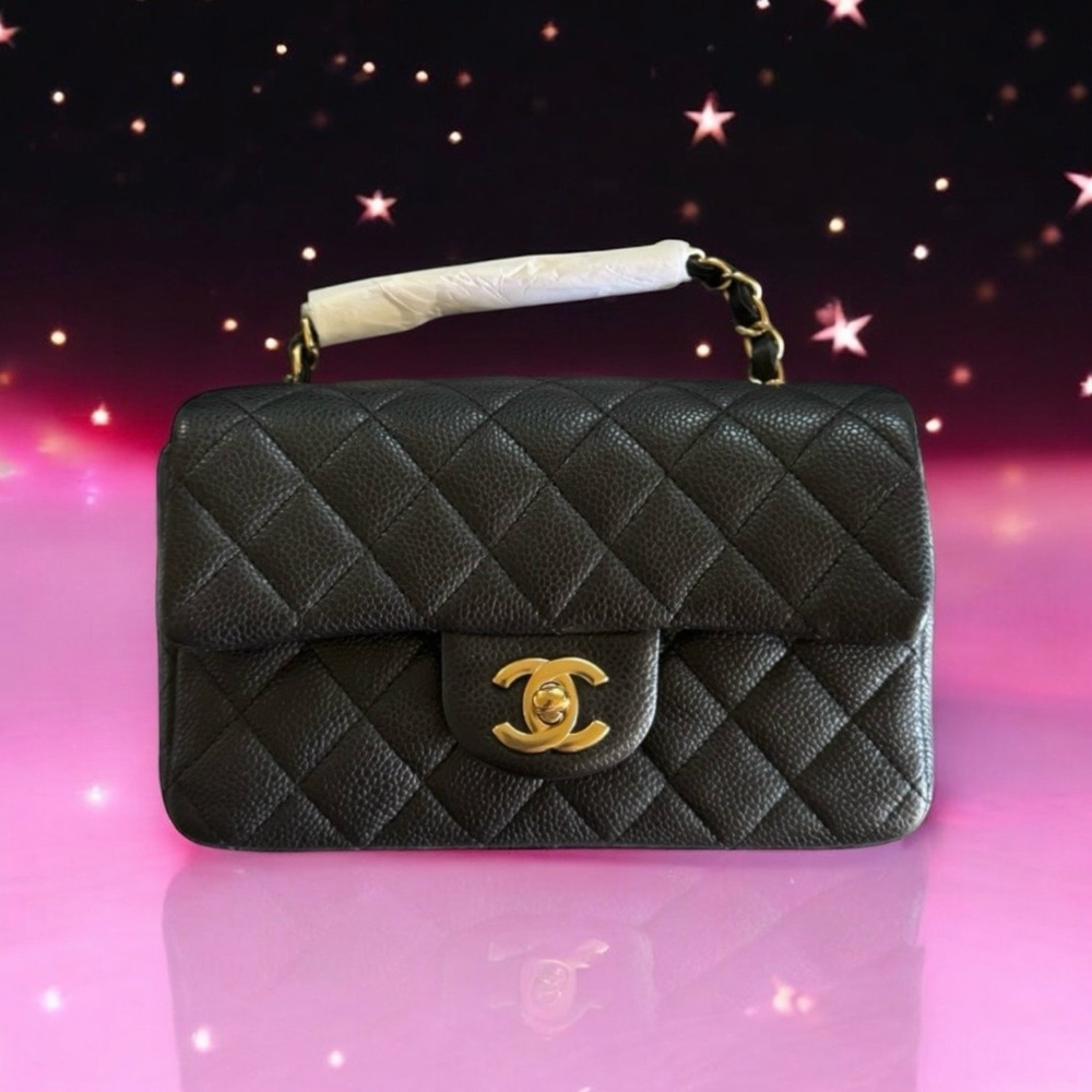 💕CHANEL BLACK CAVIAR Rectangular Mini Single Flap Aged Gold-Tone Hardware RARE!